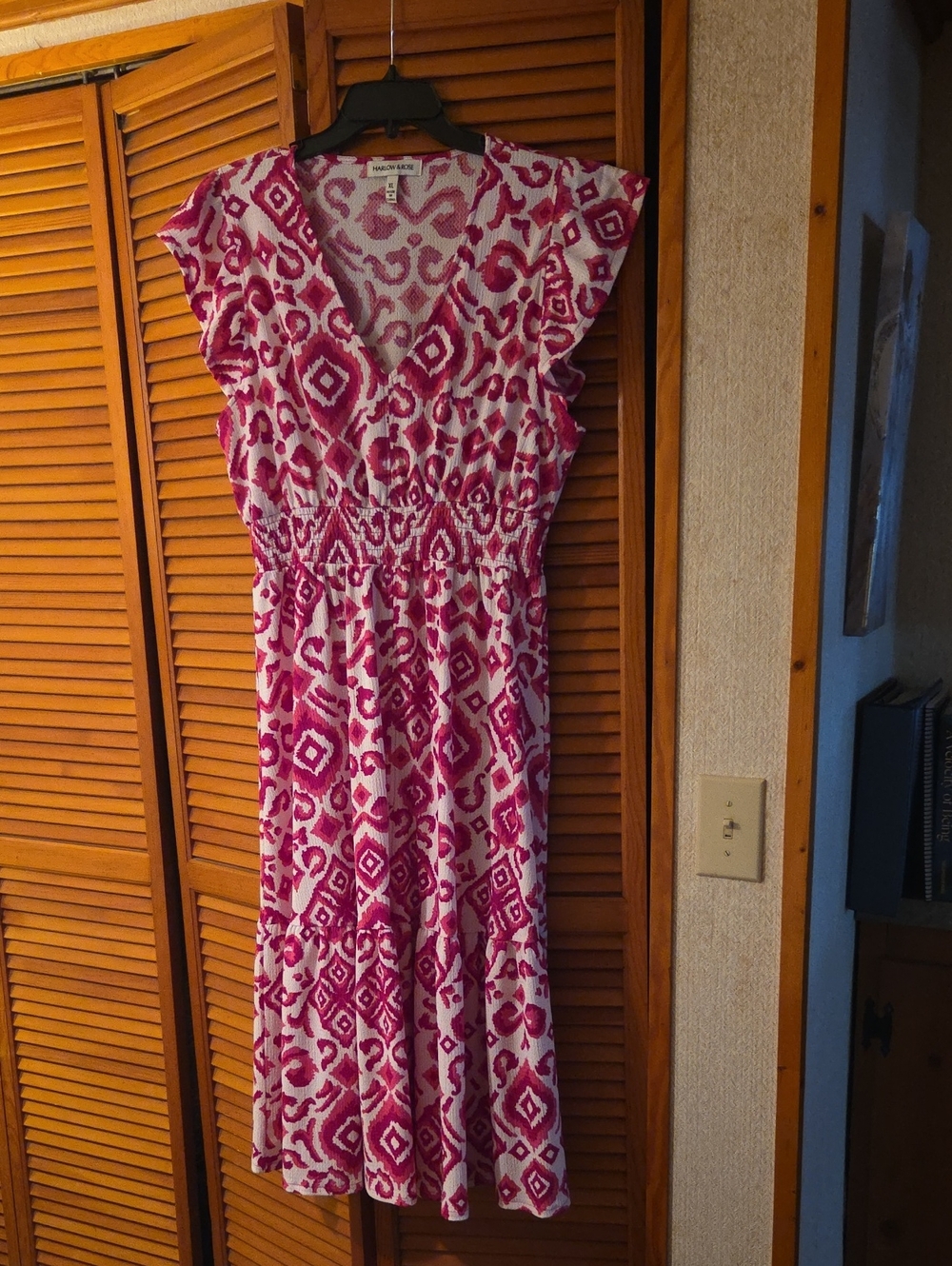 Pink Patterned V-Neck Maxi Dress with Elastic Waist